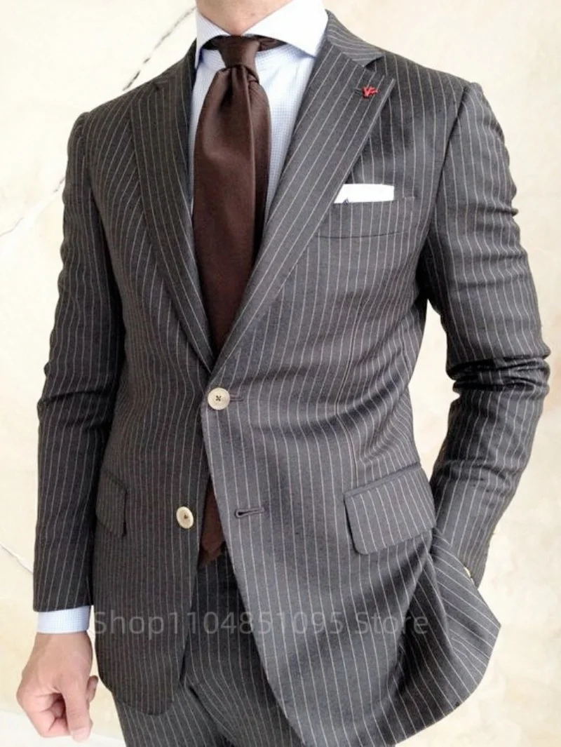 

Formal Men 2 Piece Wedding Suits Dark Gray Striped Groom Tuxedos Slim Fit Blazer Pants Business Suits Costume Homme For Party