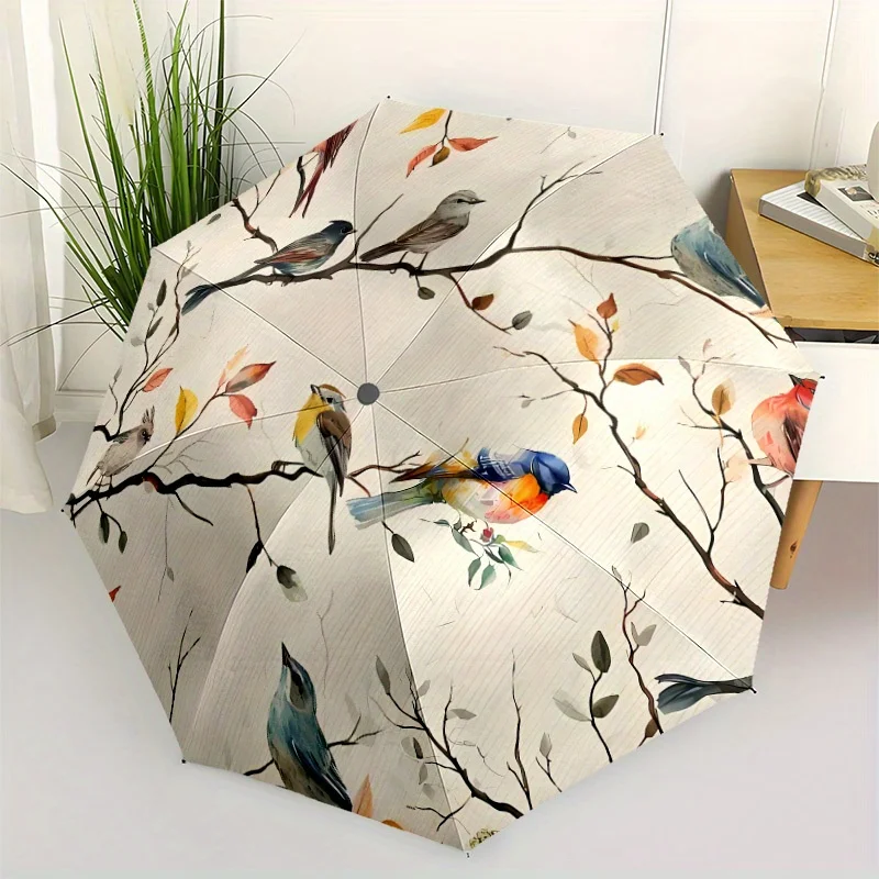 

Automatic Open/Close Umbrella with Floral Bird Branch Design - Compact Folding Umbrella, Elegant Beige/Orange/Blue/Red/Black/W