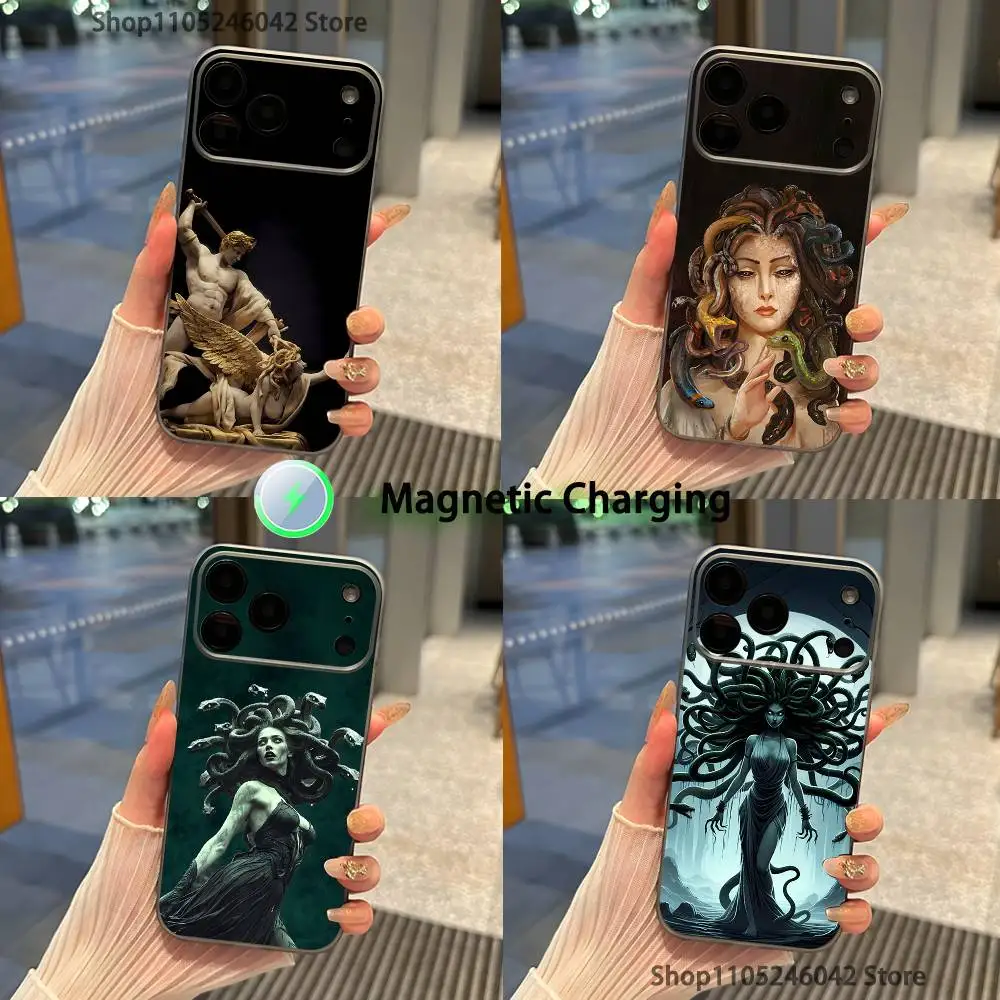

Противоударный прозрачный серый чехол для телефона Greek Mythology Art Medusa для iPhone 17,16,15,14,13,12,11,Pro,Max,Plus, с магнитной зарядкой