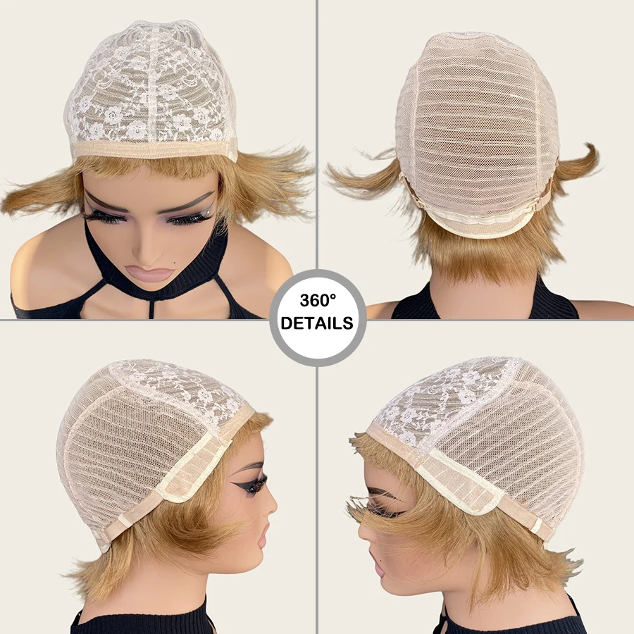613 Blonde Layered Pixie Human Hair Wig, Short Bob with Bangs
