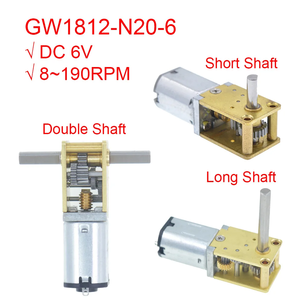 GW1812-N20 DC 6V Mini Micro Metal Worm Gear DC Brushed Motor Slow Speed High Torque Long Shaft Dual Shaft 8 13 26  68 100 190RPM