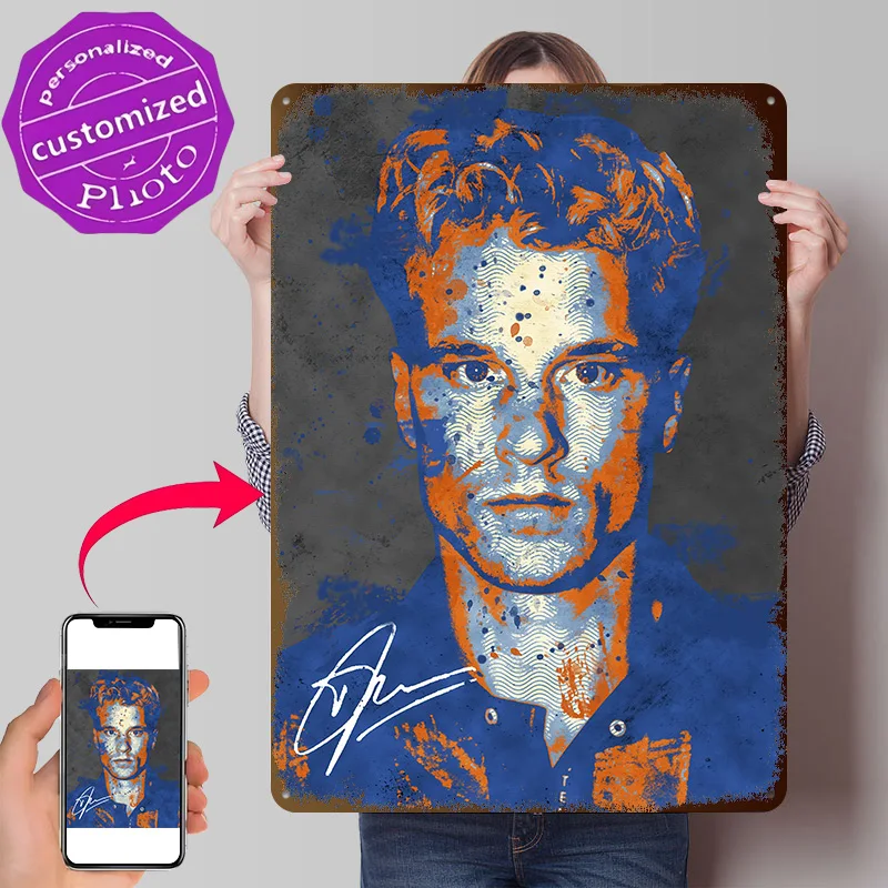 Portrait With Blue and Orange Splatter 3D Printed Texture Poster Personalized Wall Art Retro Metal Tin Signs for Coffee Bar Sign
