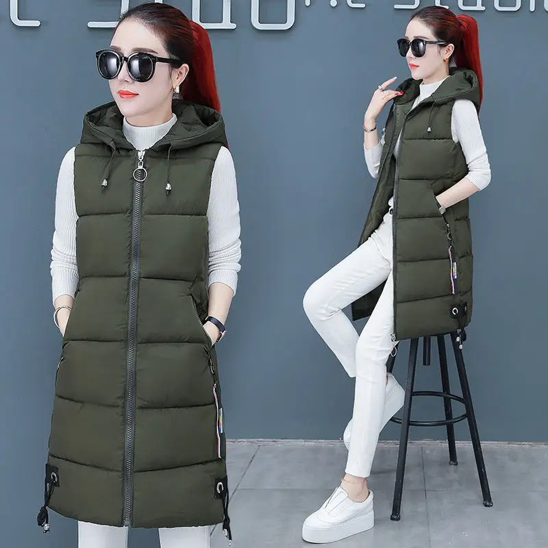 Long Down Vest Women Outerwear Winter Women Cotton Vest Fashion Female Sleeveless Hooded Heated Vest Hood Casual Warm Clothes