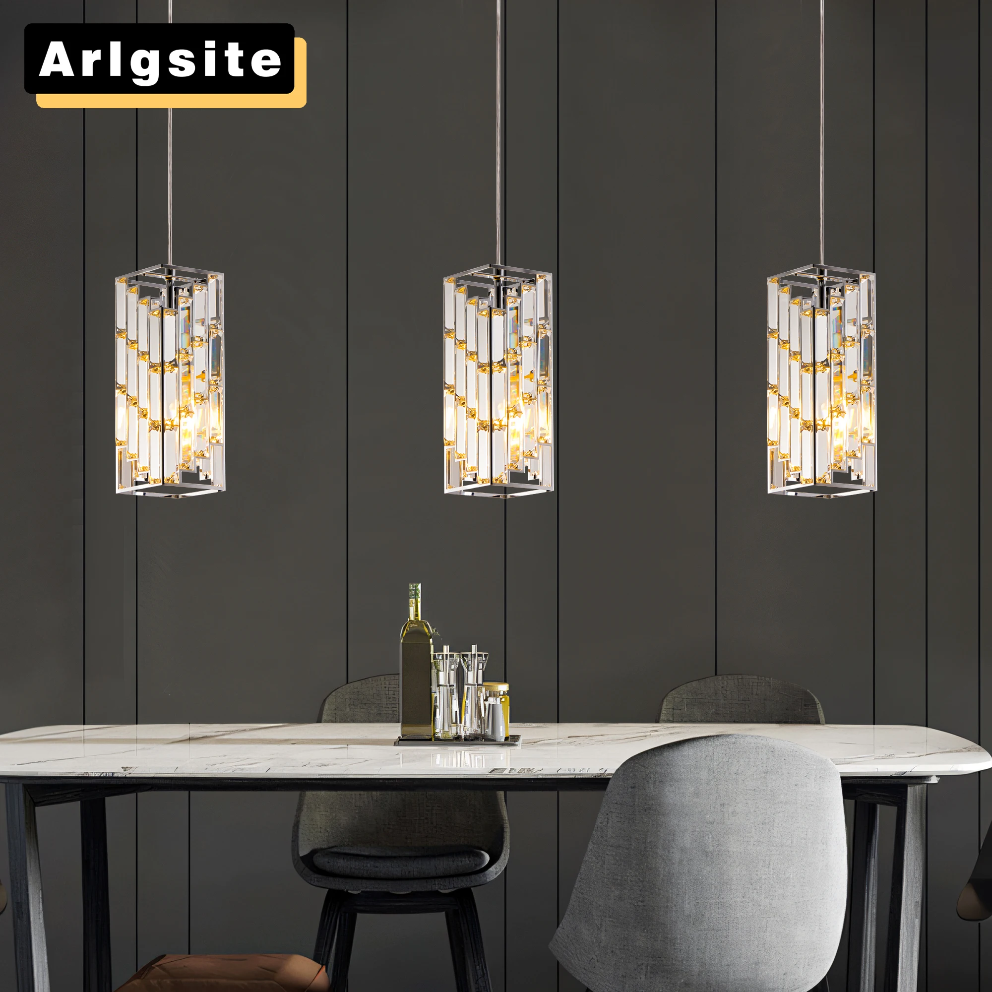 

ARLGSITE Modern Crystal Pendant Light - 3 Pack, Adjustable Hanging Ceiling Lamp with Crystal Prism Design -Chrome Finish
