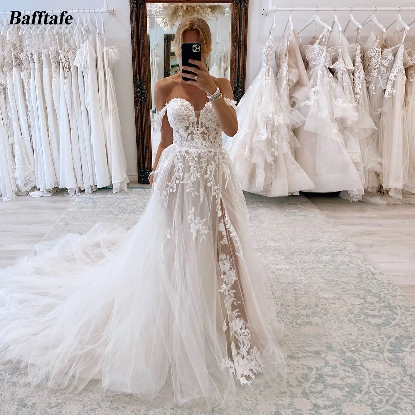 Bafftafe Exquisite Appliques Lace Boho Wedding Dresses Tulle Off The Shoulder Slit Customized Bridal Gowns Formal Party Dress