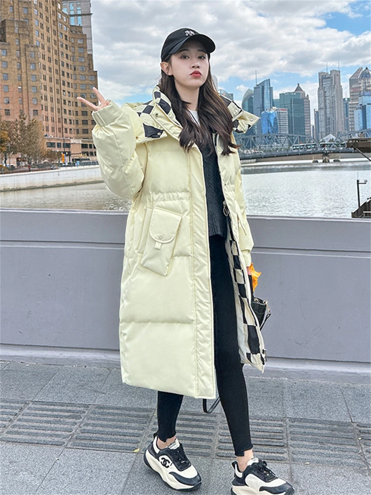 Women's Waist Cinched Hooded Cotton Jacket, Cotton Padded Jacket, Knee Length Design, Small Size, New Korean Version, 2024