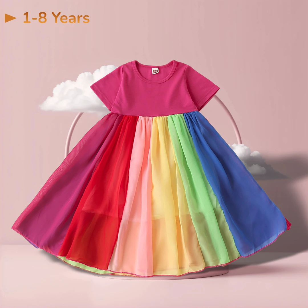 

New Baby Girls Cotton Rainbow Short Sleeve Color Block Colorful Party Children Dresses Princess Kids Girls Dress 1-7 Years