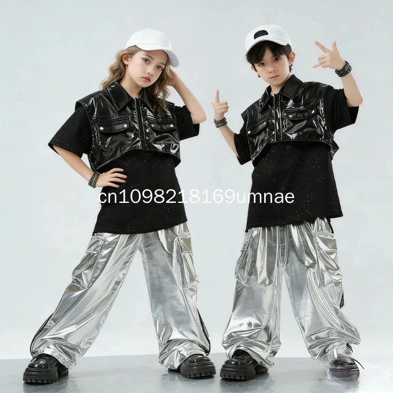 Boys Hip Hop Leather Motorcycle Vest Cargo Pants Girls Waistcoat Street Dance Joggers Kids Sleeveless Jacket Child Punk Costumes
