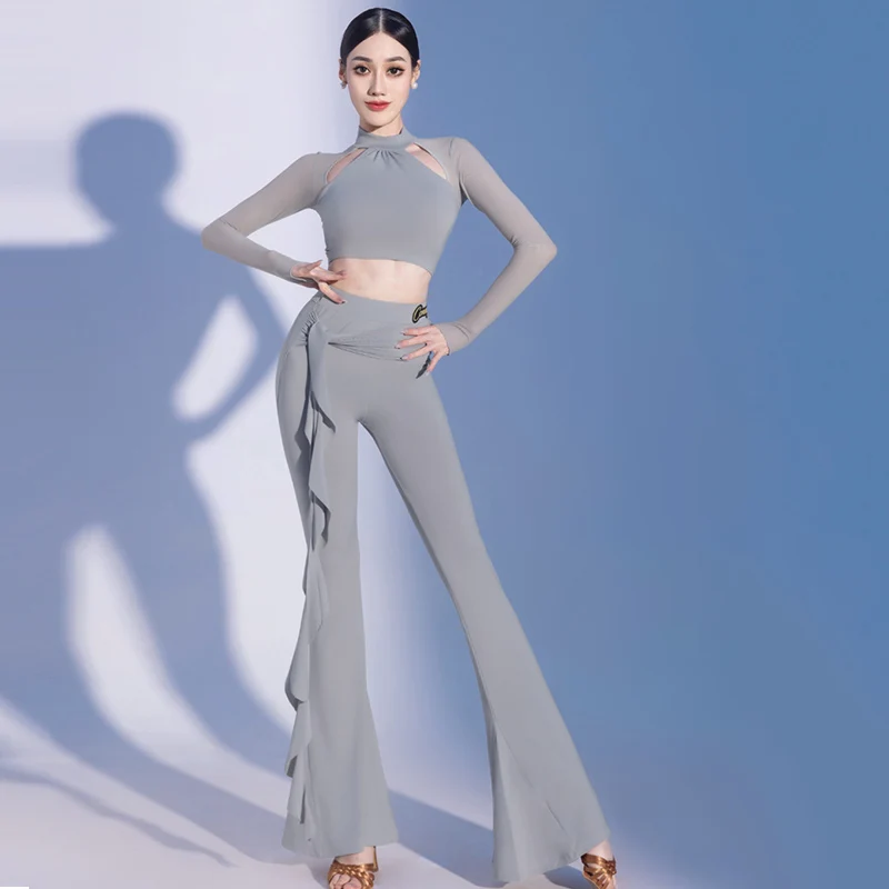 Grey Latin Dance Suit Women Latin Long Sleeve Tops Flared Pants Cha Cha Rumba Performance Clothing Training Dance Wear AMY1123