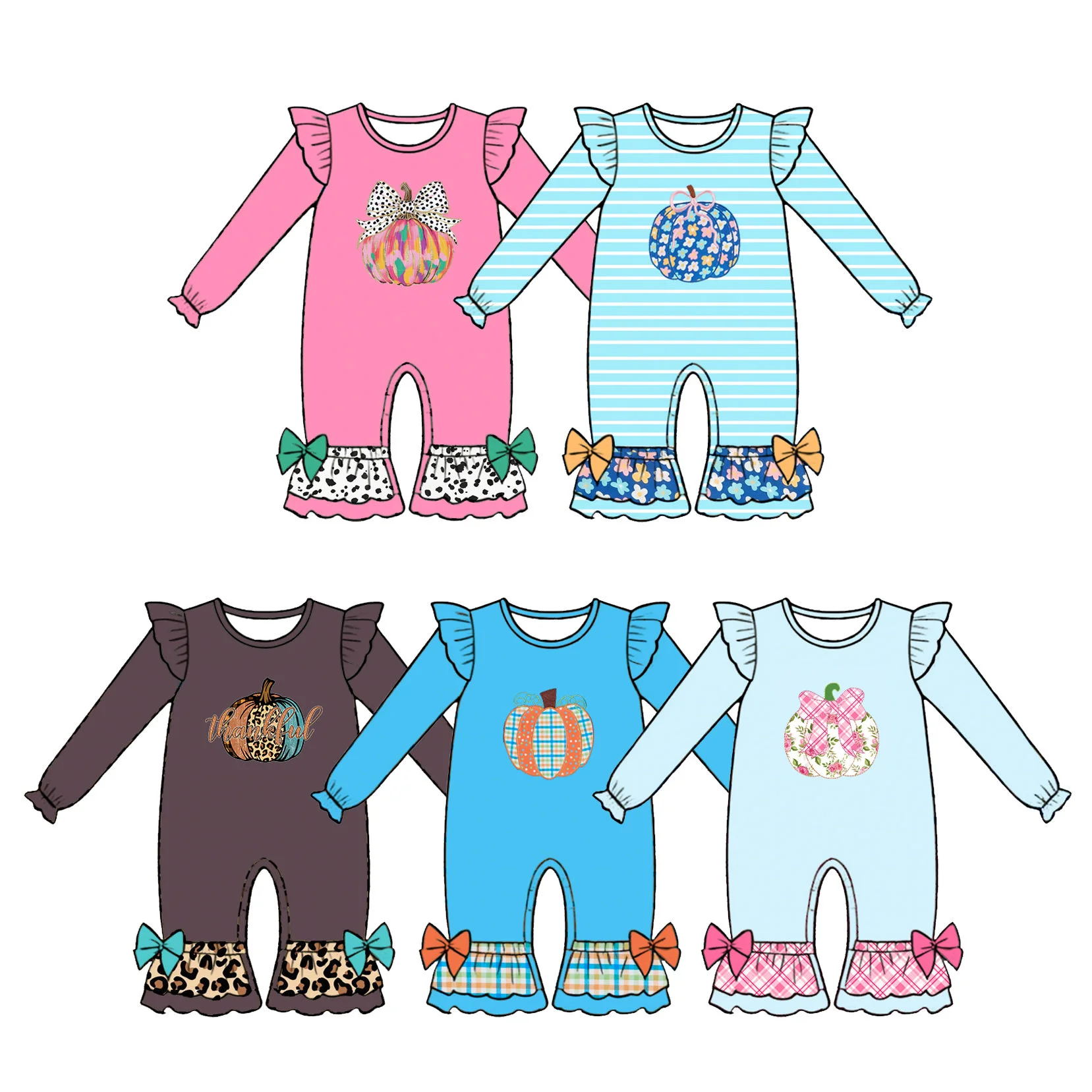 Infant Girl Thanksgiving Baby Girls Toddler Fall Pumpkins Bows Long Sleeve Boutique Solid Color Ruffles Kids Children Rompers