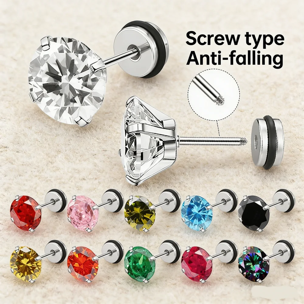 Hypoallergenic ScrewBack Stainless Steel Red Green Black Round Zircons From 3 to 8mm Brief Stud Earrings