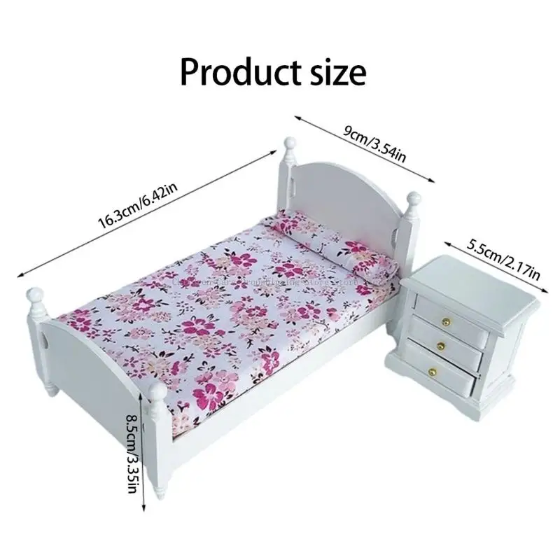 طقم سرير خشبي ومنضدة مقاس 1/12 أثاث مصغر لبيت الدمية للأطفال التظاهر باللعب والعرض القابل للجمع #6