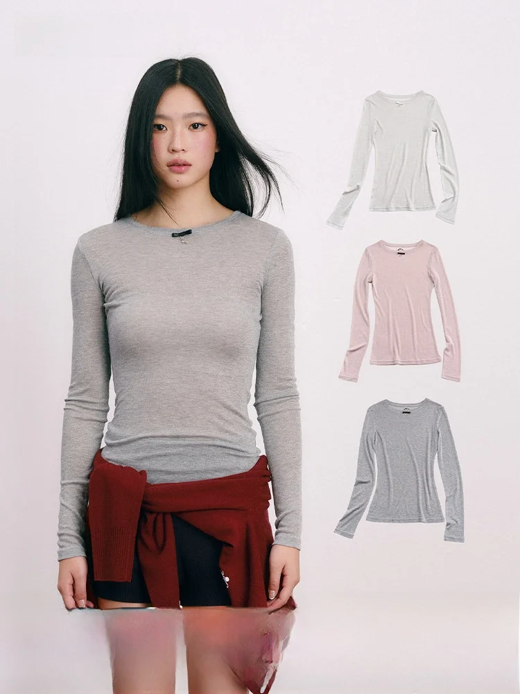 

Удобная футболка Moonmoi Slim Fit с длинными рукавами и круглым вырезом, блестящая, из смесовой шерсти, повседневная, элегантная, женская модная блузка