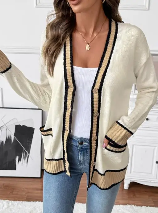 

Fashionable 2025 New Autumn and Winter Workplace Casual Lazy Style Loose V-Neck Contrasting Color Sweater Cardigan for Women