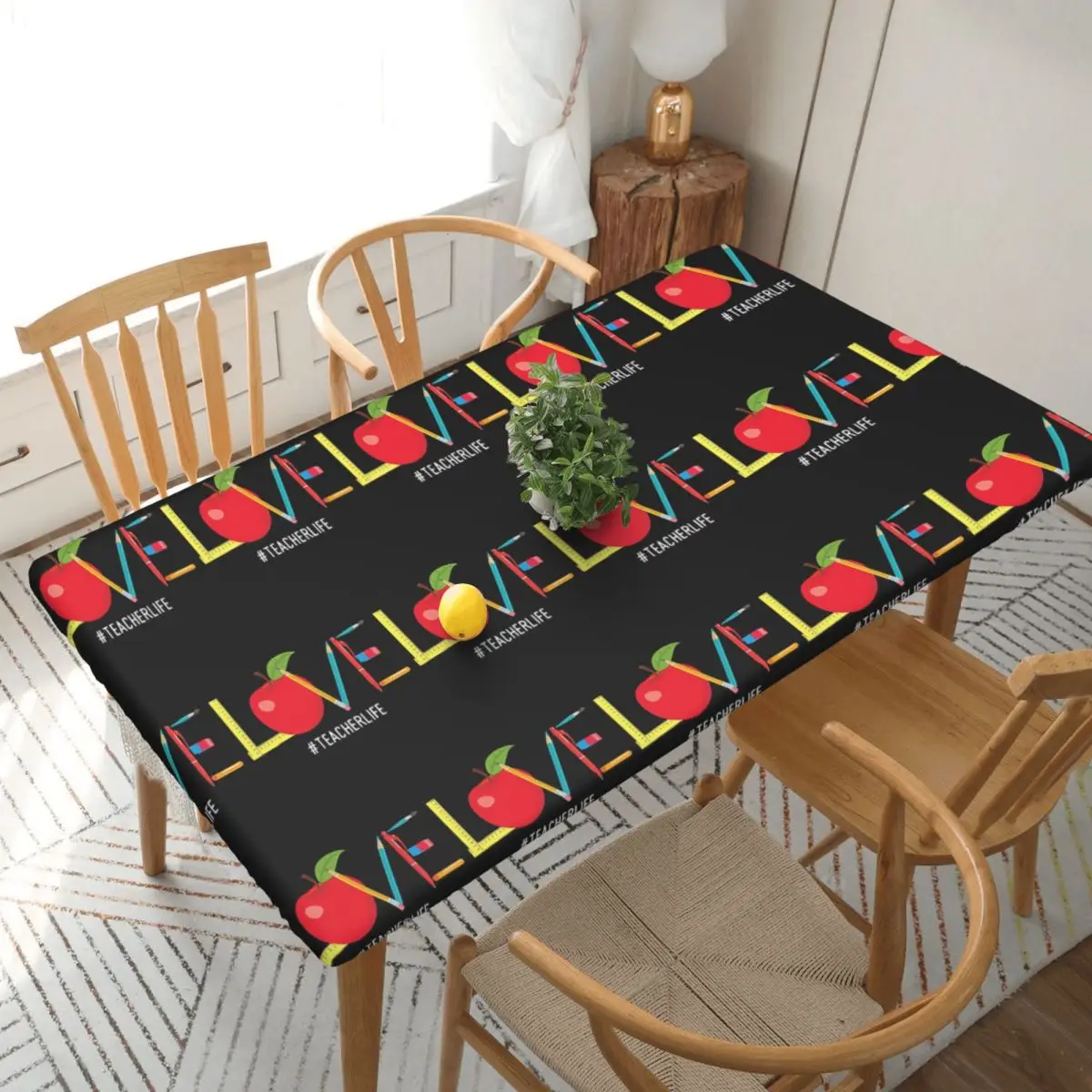 Love Teacher Life Apple Pencil Custom Rectangular Tablecloth Oilproof Table Cover for Dining Events Table Cloth