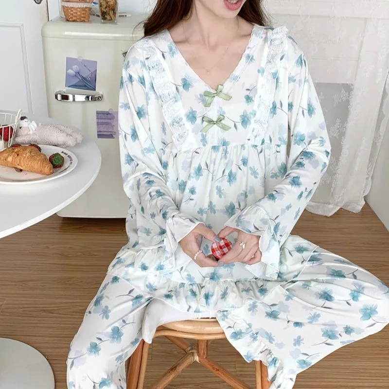 2024 New 150kg Plus Size Autumn Winter Sleepwear Ice Silk Long Sleeved Pajamas Women Loose Fitting Falbala Home Clothing Set