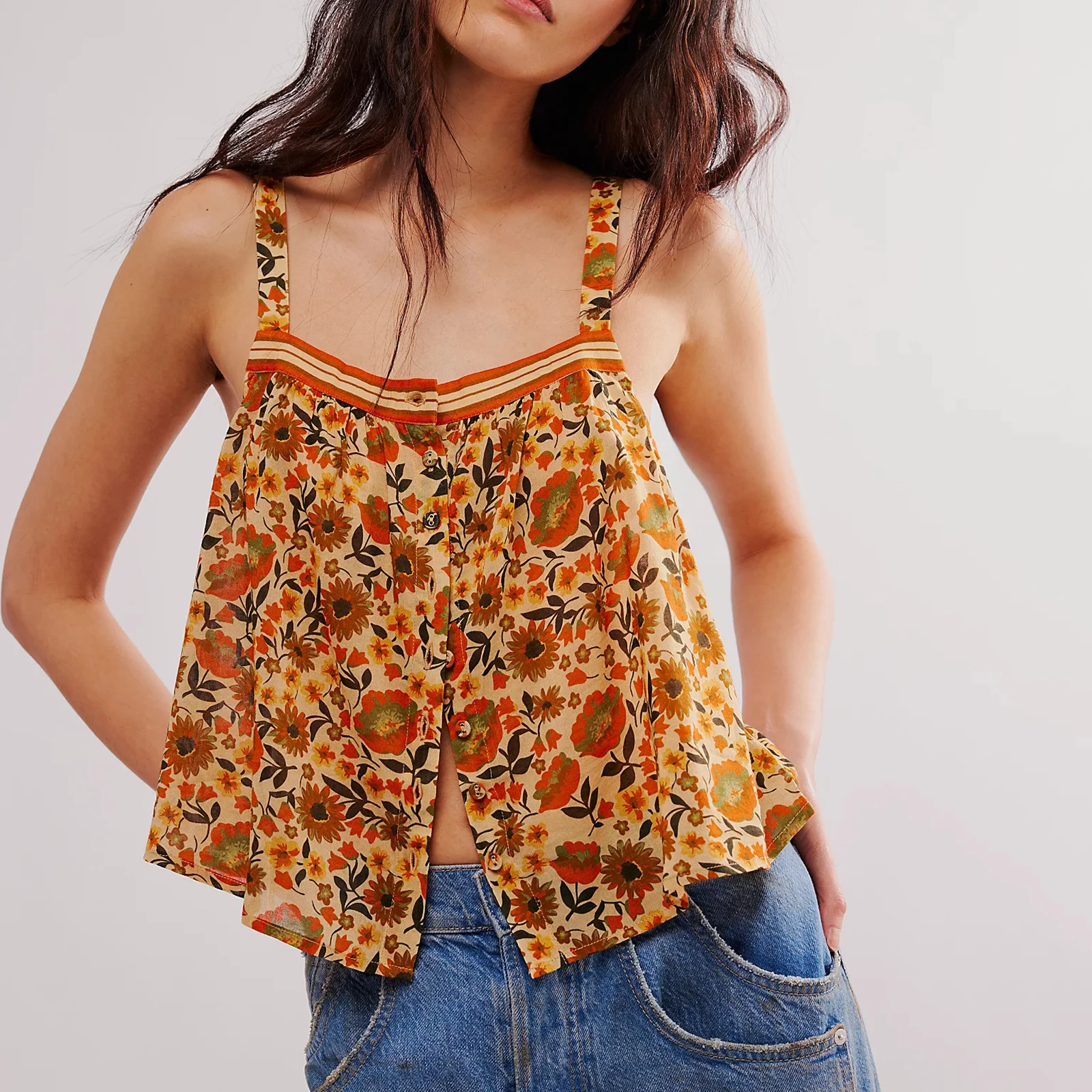 Women Y2K Floral Crop Tank Top Summer Boho Front Button Flowy Cami Top Sleeveless Square Neck Crop Babydoll Shirt