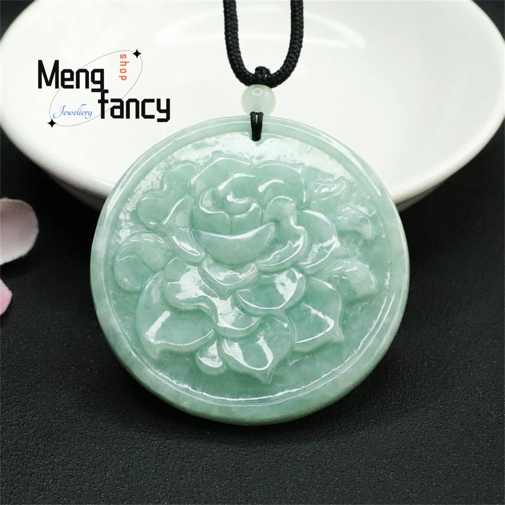 Natural Jadeite Rose Pendant Round Plaque Sweater Exquisite Elegant Charm High-grade Luxury Quality Jewelry Fashion Holiday Gift