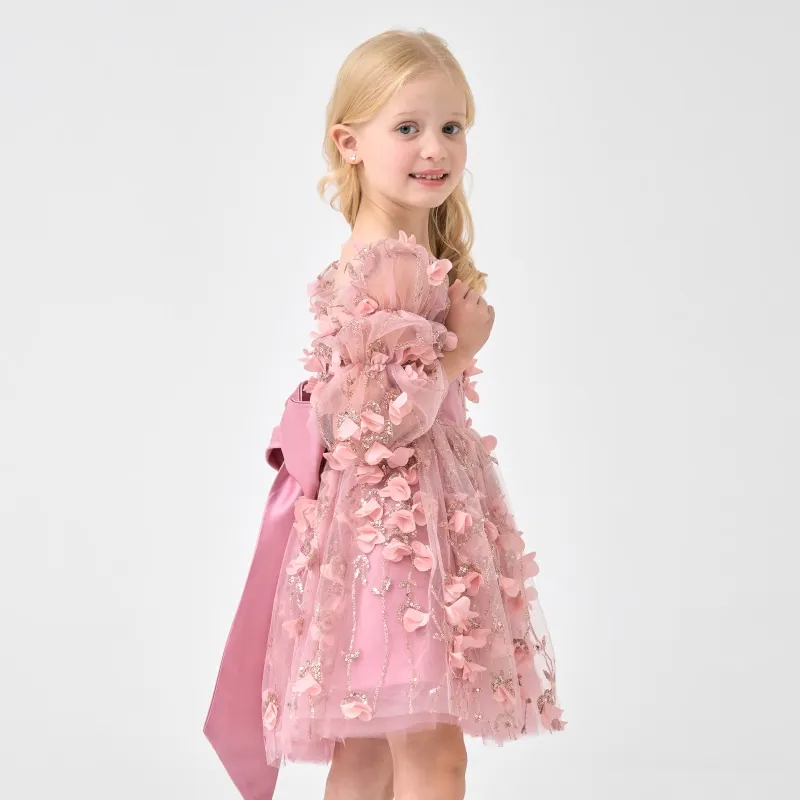 Fashion Baby Girl Princess 3D Flower Bow Dress Infant Toddler Child Sequins Tulle Vestido Pageant Birthday Party Ball Gown 1-12Y