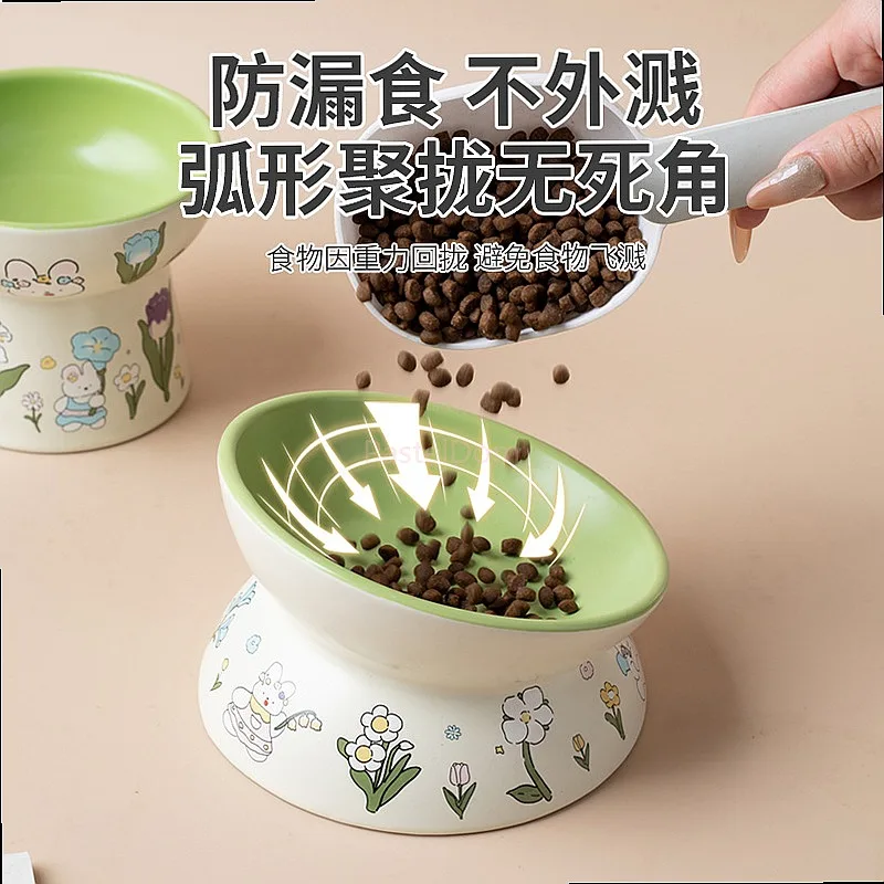 Green Rabbit Lace Ceramic Cat Bowl Anti-Black Chin Cat Food Dish Dog Bowl Anti-Tipping Water Feeder