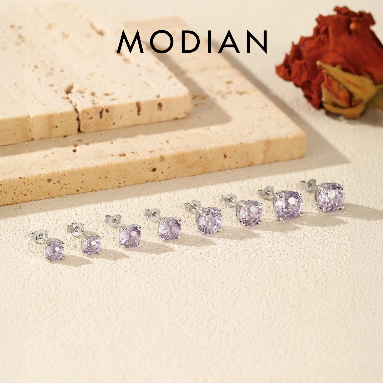 

MODIAN 925 Sterling Silver Trendy Lavender Color Firework Cut Round CZ Unisex Studs Earrings For Women Fine Jewelry
