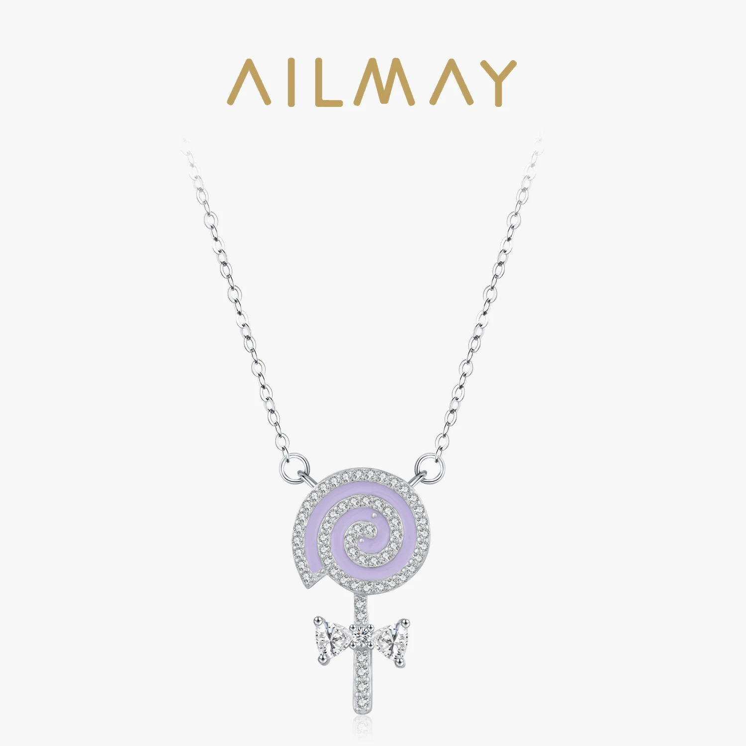 Ailmay 925 Sterling Silver Charm Purple Enamel Lollipop Dazzling CZ Pendant Necklace For Women Girls Party Accessories Jewelry