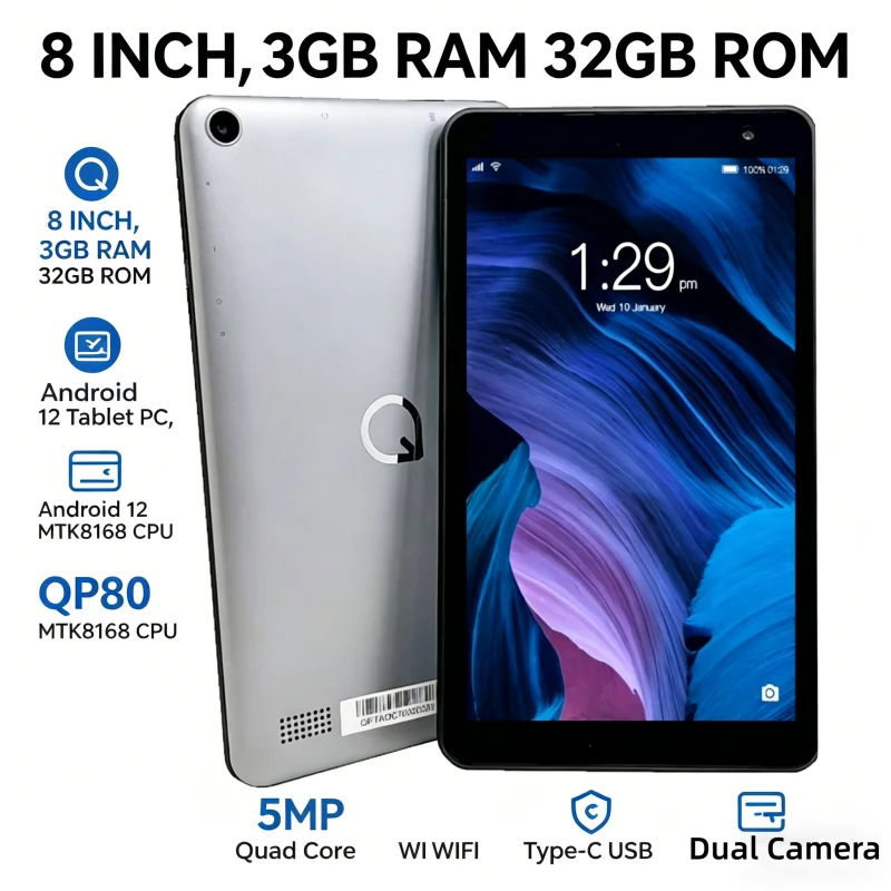 Tablet PC para niños de 8 pulgadas, 2GB de RAM, 32GB de ROM, Android 12 QP80, últimas novedades en ventas, 1024 x 600 píxeles, MTK8168, QuadCore 1.4GHz, GPS, WIFI