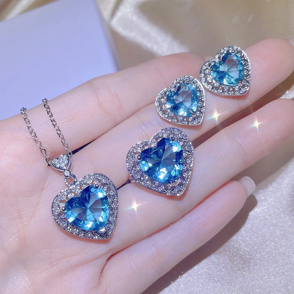 Hot Aquamarine Topaz Colored Gemstone Opening Ring Women 925 Stamp Temperament Pendant Necklace Set Wedding Party Birthday Gift