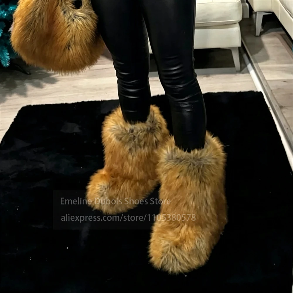 Furry Faux Fur Flat Ankle Boots Slip on Casual Short Bootie Winter Warm Snow Boot Fashion Shoes Party Street Plus Size for Women