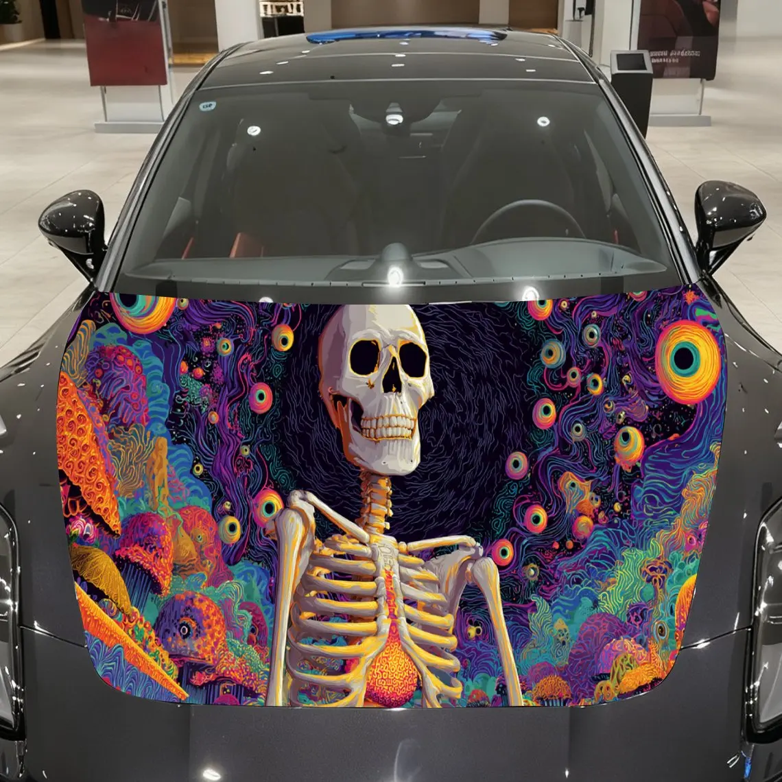 

Artistic Psychedelic Skeleton Car Hood Graphic, Vibrant Eyeball Background Car Hood Sticker, Waterproof and Self-adhesive Car Ho