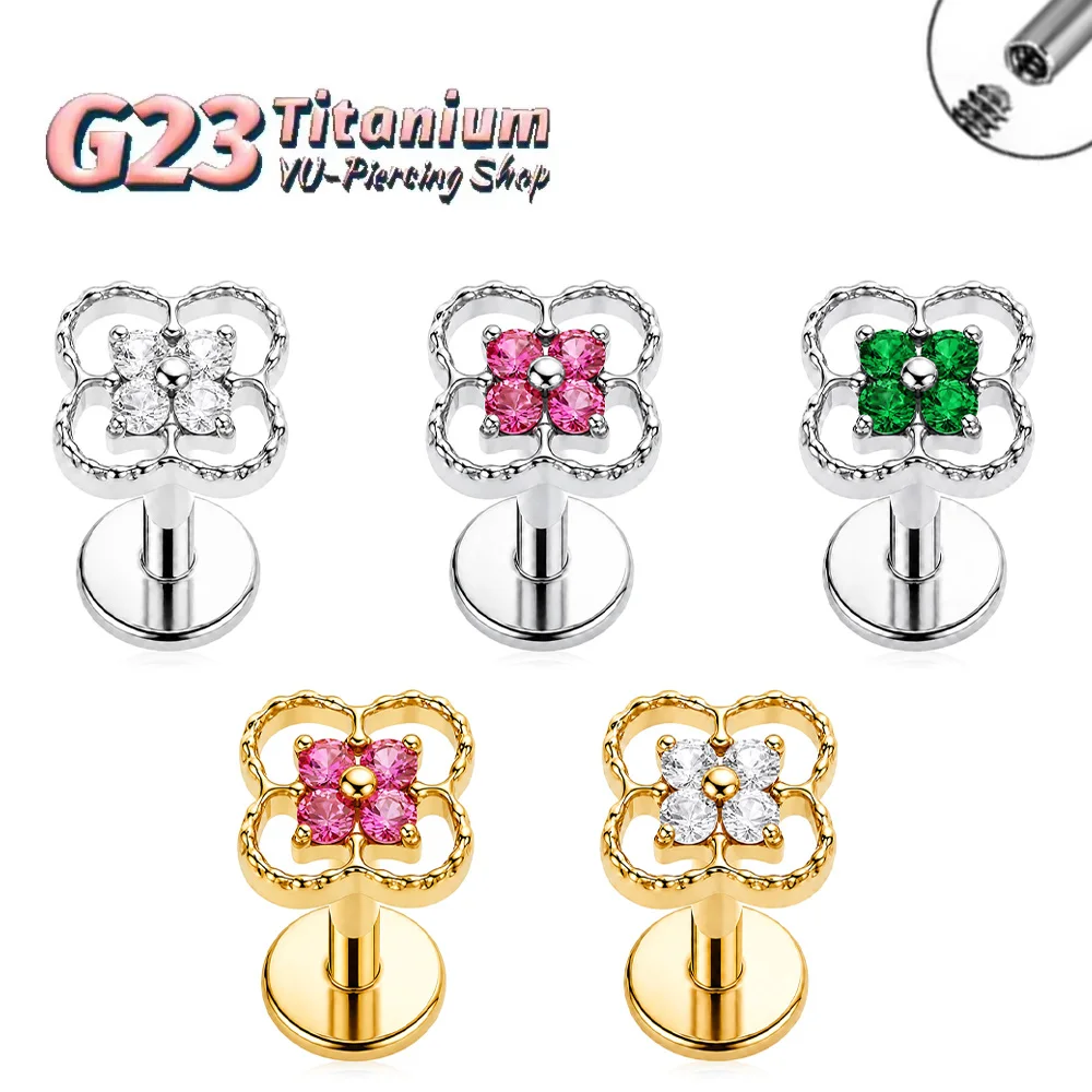 G23 Titanium Four Leaf Clover Cartilage Stud Earring Inlaid Zircon Internal Thread Labret Piercing Jewelry For Lip Tragus Helix