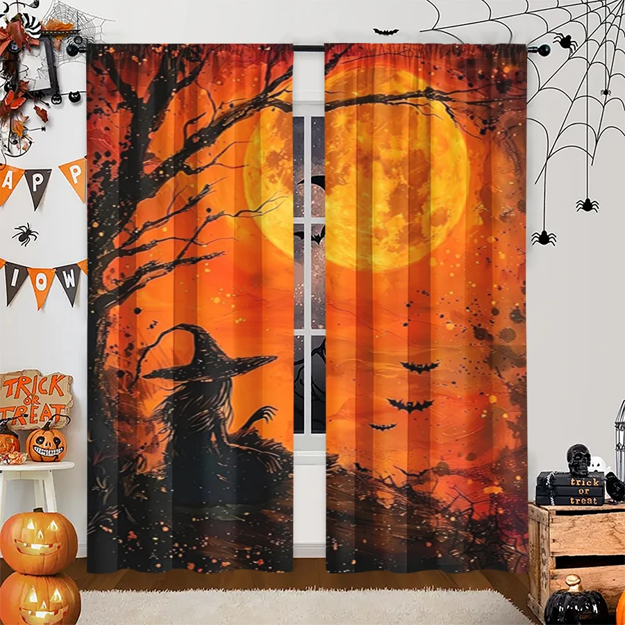 2PCS Digital Print Curtain, Witch Silhouette Orange Moon Dead Tree, Orange Halloween Spooky Style for Living Room Bedroom Decor