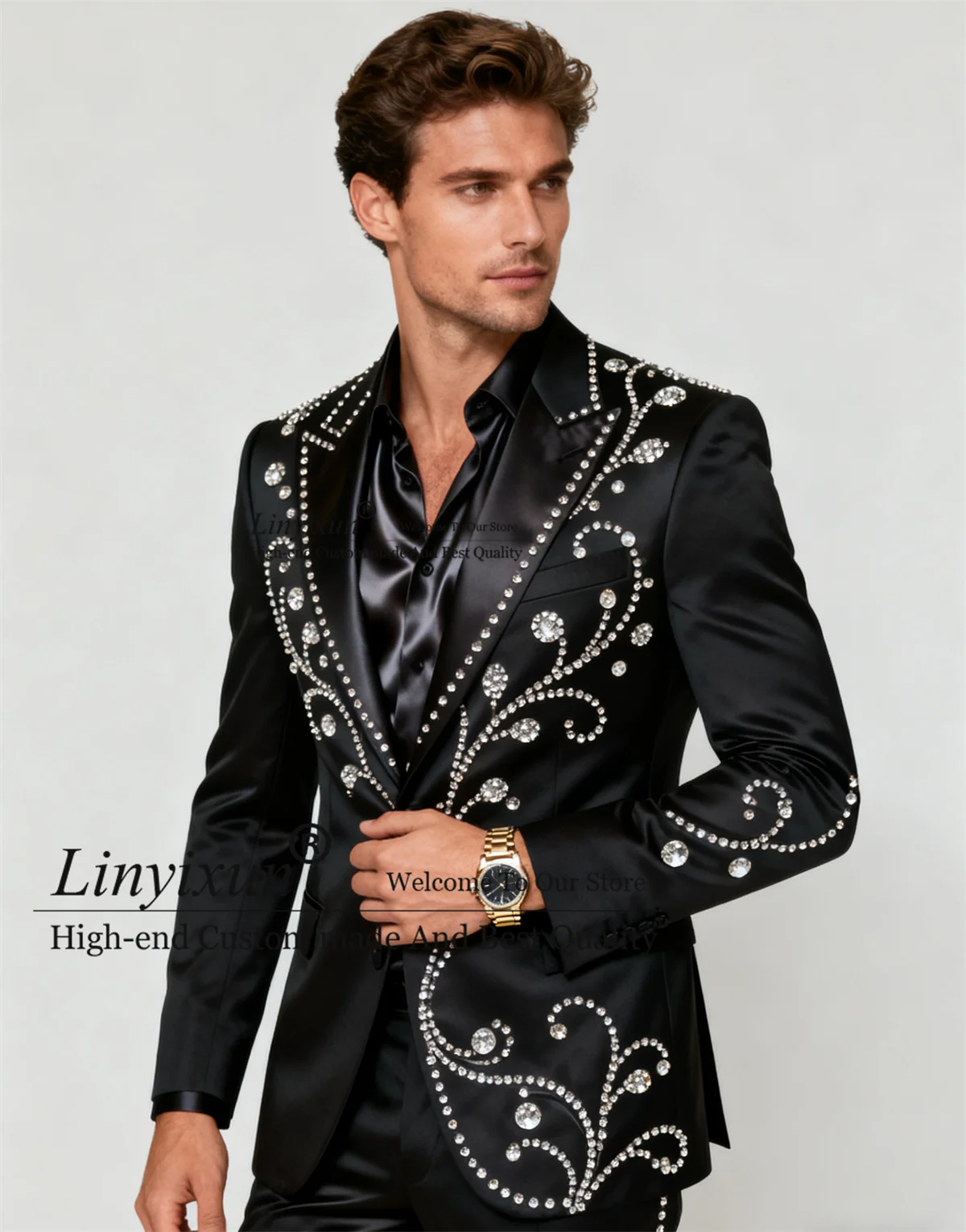 

Handsome Jewelry Diamond Men Suits 2 Pieces Sets Wedding Groom Tuxedos Peaked Lapel Blazers Slim Fit Customized Ropa Hombre
