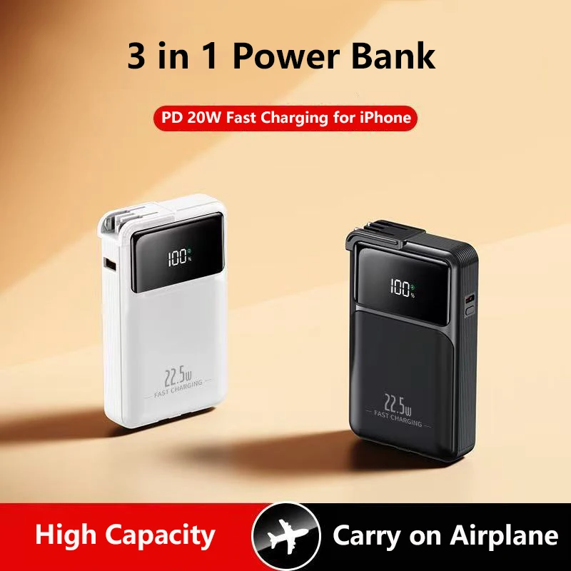 

10000mAh Mini Power Bank Portable Powerbank With Cable Plug Wall Charger 22.5W Fast Charging for iPhone 16 Samsung Spare Battery