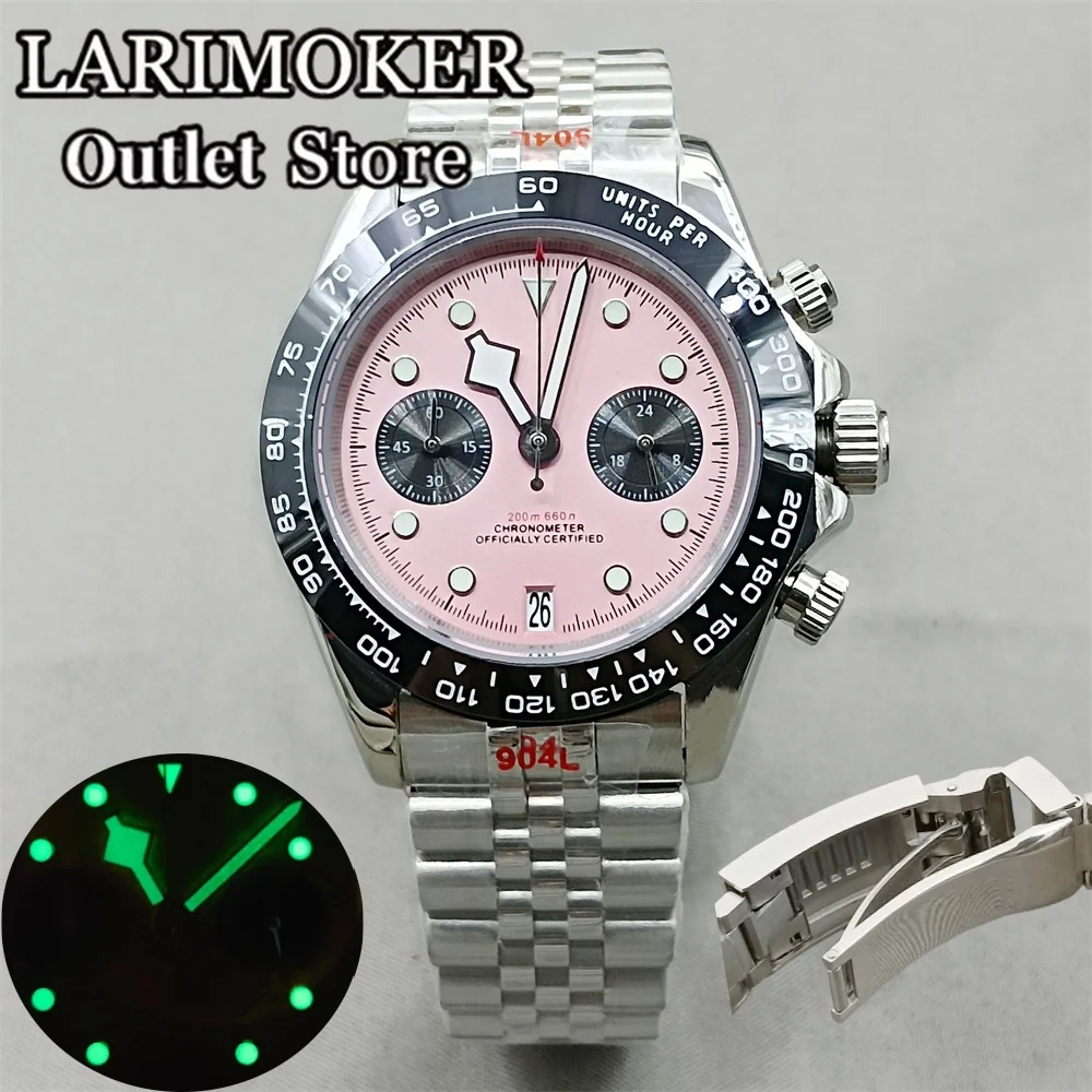 39mm Chronograph Quartz VK64 Quartz stainless steel Bracelet For Sapphire Glass Waterproof Dial Green Luminous Men Watch