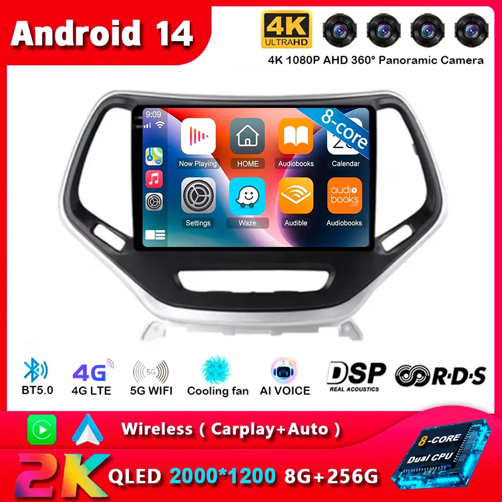 

Android14 For Jeep Cherokee 5 KL 2014 2015 2016 2017 2018 Multimedia Car Radio Player WIFi+4G DSP Head Unit Touch Screen Carplay