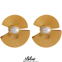 Yhpup Charm Fan Imitation Pearl Flowers Stainless Steel Hyperbolic Fashion Big Stud Earrings Trendy Personality Jewelry Women