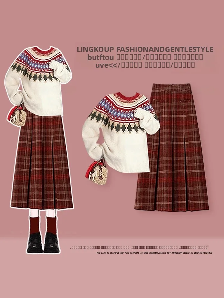 

Korean Style Knitted Sweater And Plaid Skirt Two-Piece Set for Women Autumn Winter Fashion Casual High Waist Skirt