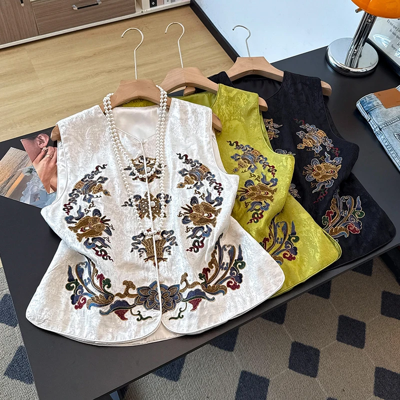 New Chinese Style Embroidered Vest Heavy Work Autumn Model Stand Collar Button up Top Women's Fashion Traditional National Style