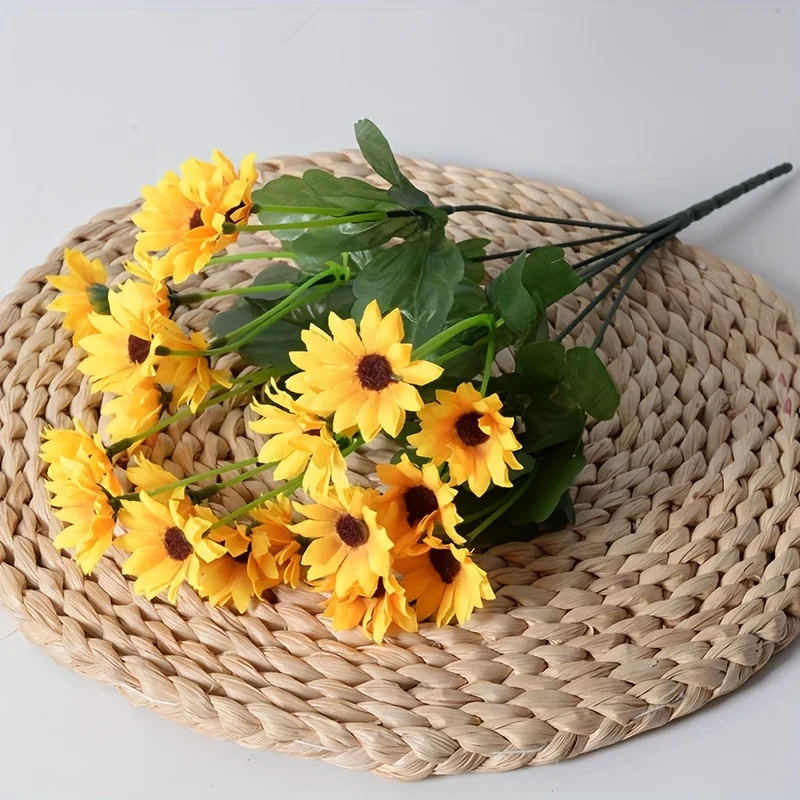 1 Bund, 24 Sonnenblumen-Simulationsblumen, Wohnzimmer-Dekorationsblumen, Party-Hochzeits-Dekorationsstrauß – Detail 3
