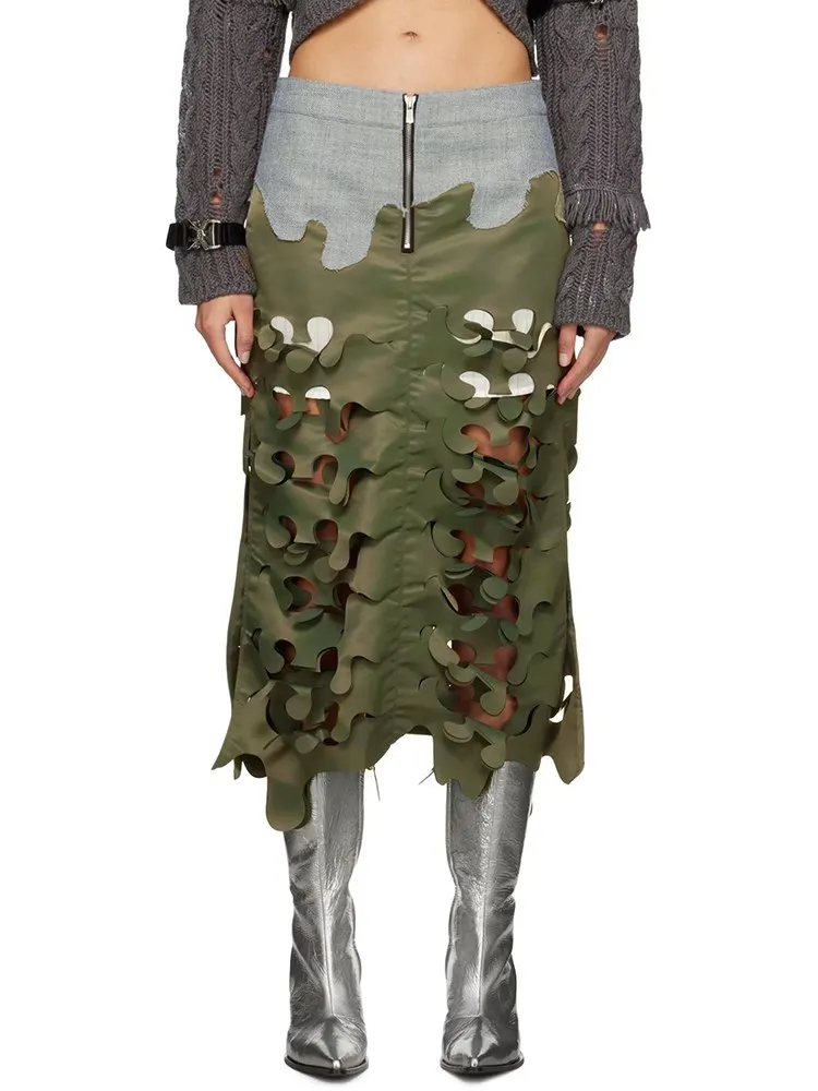 TWOTWINSTYLE Hit Color Slimming Skirts For Women High Waist Spliced Zipper Hollow Out Irregualr Streetwear Skirt Female Fashion