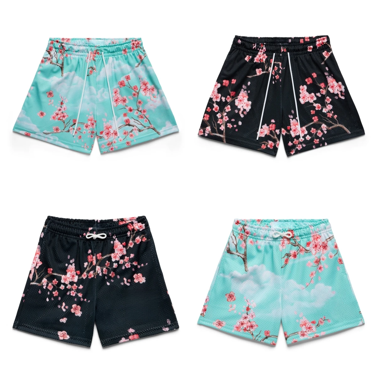 Sommerliche Kirschblüten-Trend-Netzshorts für Erwachsene, lockere, atmungsaktive Plus-Size-Sportshorts, Kinder-Wasser- und Strandshorts