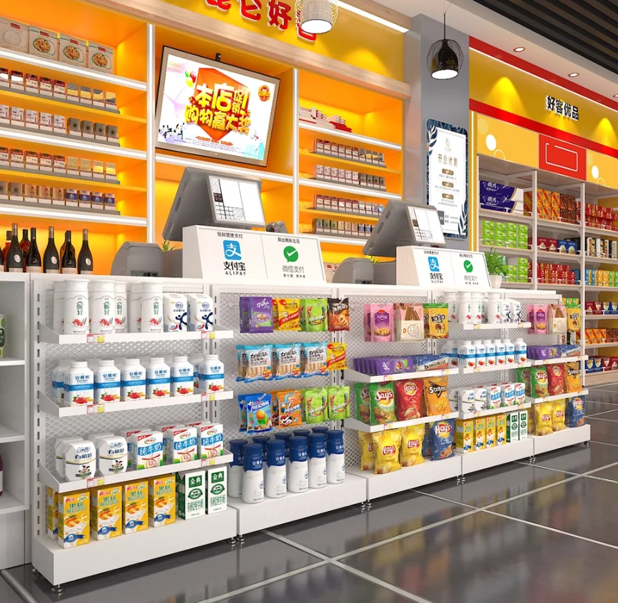 Supermarket cash register in front of the small shelf gum snacks hanging drugstore promotional display shelf