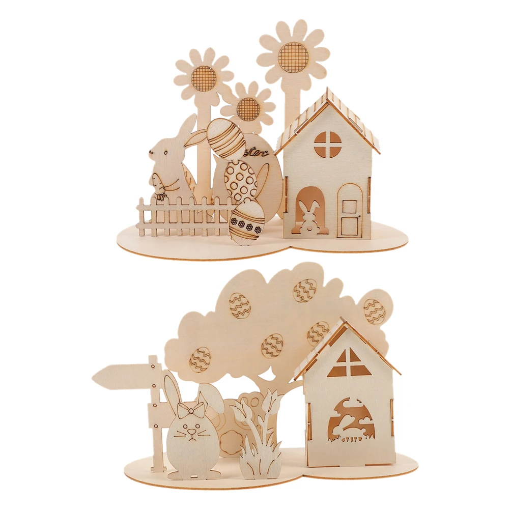 

2 Sets Bunny Rabbit Puzzle Toy Easter Wooden Ornaments Kids Toys 3d Assembly Khaki