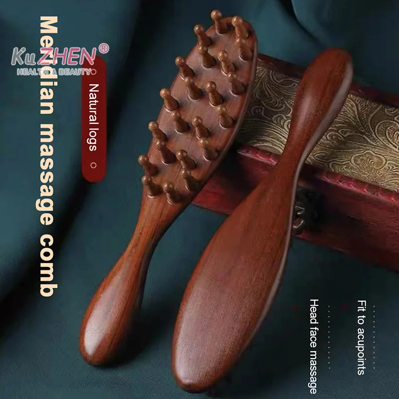 Golden Sandalwood Comb Head Meridian Comb Natural Sandalwood Long Handle Comb Multifunction Insert Teeth Massage Comb 22 Nails