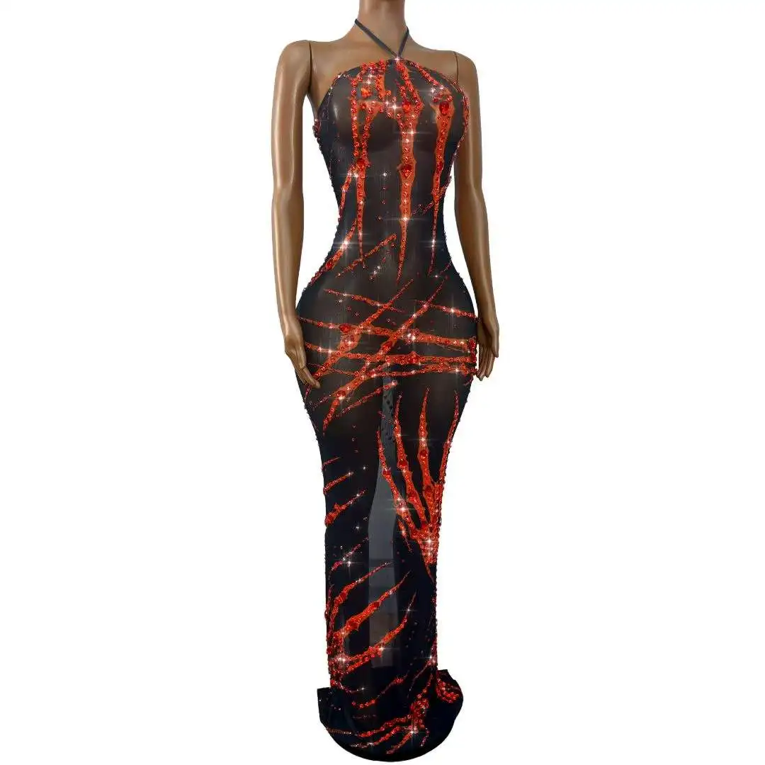 Sexy Shining Rhinestones Mesh Bandage Dress Halloween Birthday Party Celebrate Outfit Fashion Show Photo Shoot Stage Wear - view 4