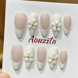 10pcs White French Handmade False Nails 3D Flower Press On Nails Reusable Glossy Almond Fake Nail Patch Simple Elegant Manicure