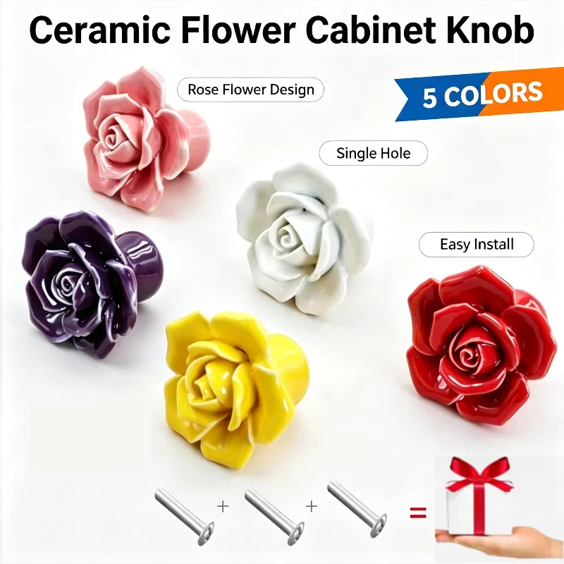 Retro Ceramic Rose-shaped Handle for Cabinets Wardrobes Drawers Dining Room - Hand-painted Cartoon Style European Modern Simple