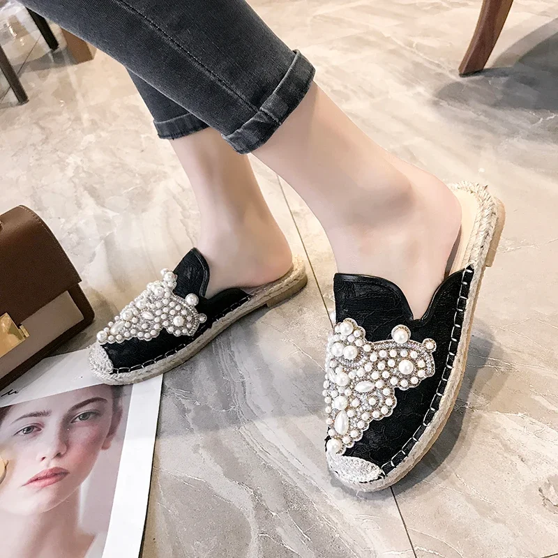 New Beaded Half Slippers Spring Slippers Women\'s Shoes Pearl Linen Flat Heels Cotton Fabric Lace up Mule Shoes