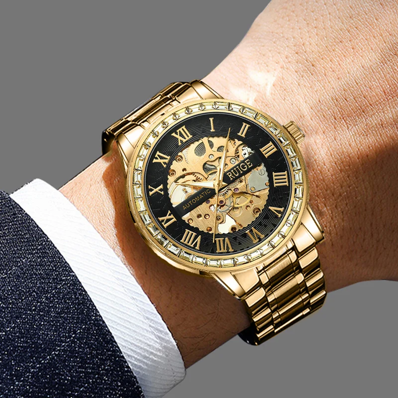 RUIGE Luminous hollow-out design stainless steel strap automatic mechanical watch, fashionable business men's wristwatch.